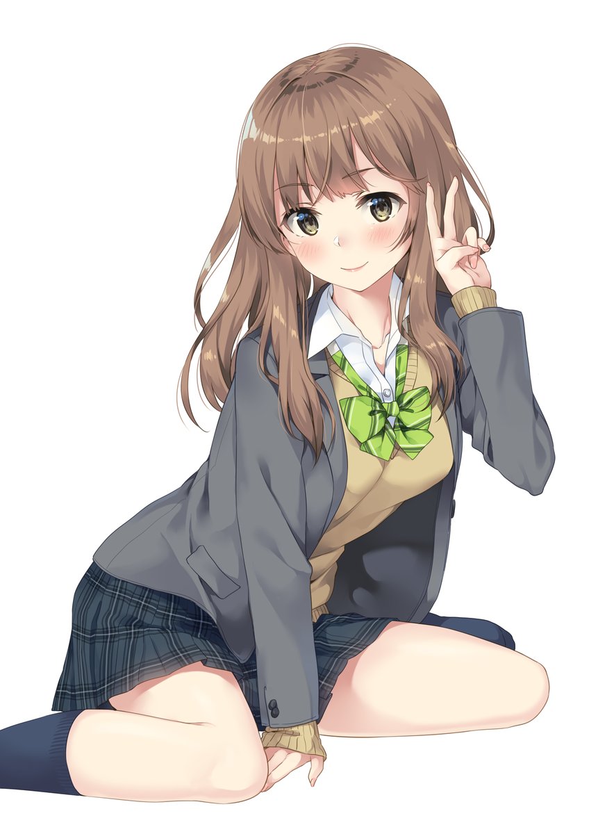 nidu4s's tweet photo. https://t.co/BxAUCDq9IH #original #unasaka_ryou #single #long_hair #tall_image #looking_at_viewer #fringe #highres #simple_background #brown_hair #sitting #brown_eyes #long_sleeves #blunt_bangs #scan #open_clothes #arm_support #plaid_skirt #wariza #victory https://t.co/qWZnvUsOKm