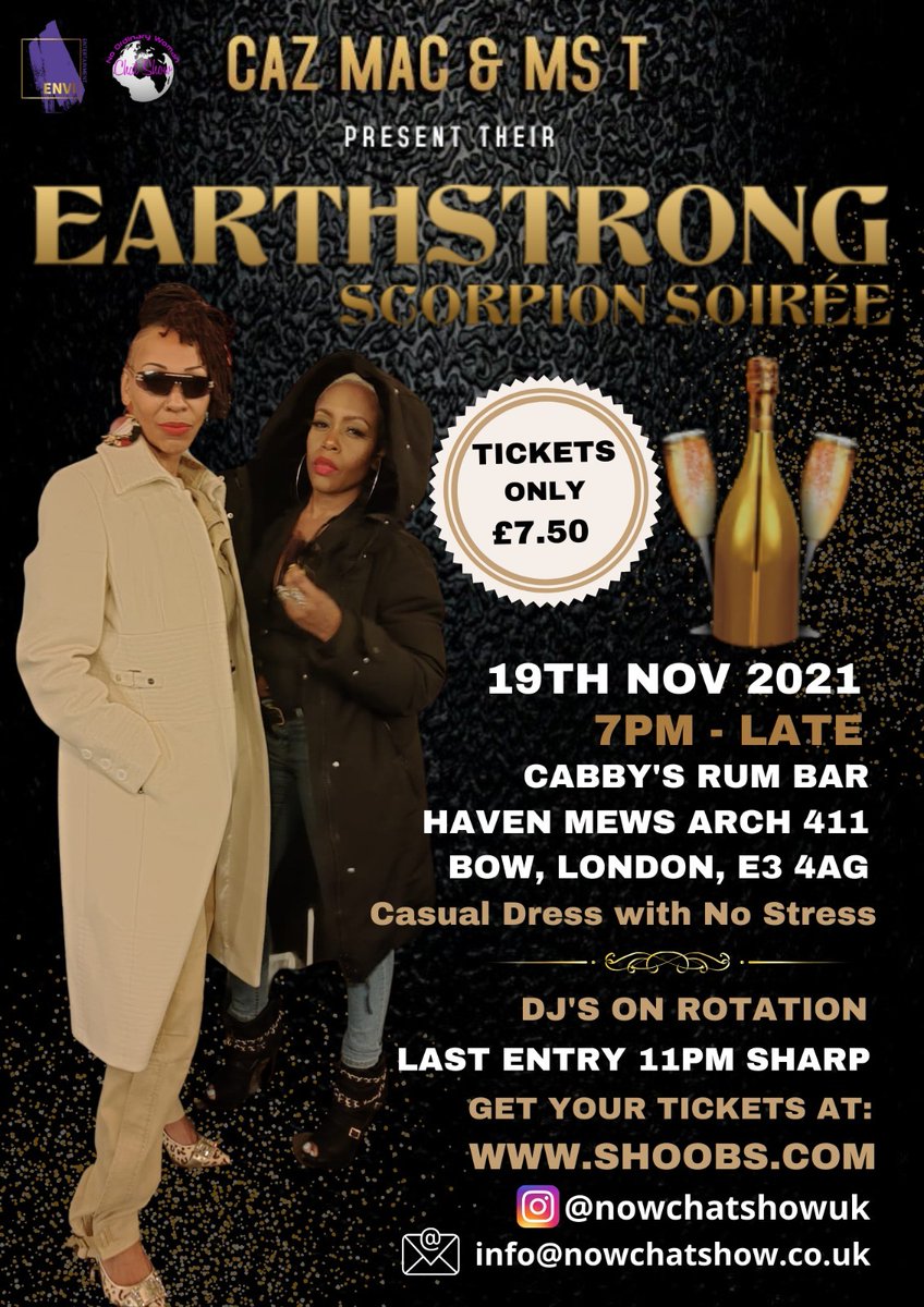 NOWCHATSHOWUK's tweet photo. ★★★ NCS EVENTS★★★  
PRESENTS: CAZ MAC &amp; MISS T EARTHSTRONG CELEBRATION                          
AN ALL INCLUSIVIE NIGHT OF PARTY SONGS &amp; GOOD VIBES 
FRIDAY 19th NOV 21
19:00 – 01:00 
TICKETS ONLY £7.50 (including booking fee)  https://t.co/oknryRwUBn https://t.co/tqOIa2TwyK
