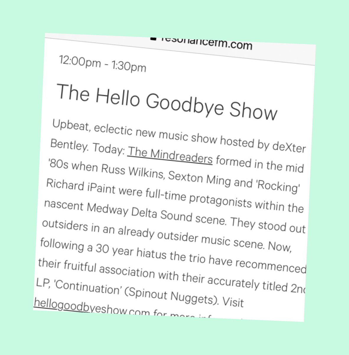deXterBentley's tweet photo. Noon - 1.30pm Sat 13th Nov #hellogoodbyeshow #resonancefm #dexterbentley Sp ft: #themindreaders #sextonming #russwilkins Archive: Alternative TV Playlist: #nicfit #dscm #agentstarling #cathroberts #crowtrio #anrimeal #wendyraefowler #simonbromide #fm #radio #london #music https://t.co/6TiaBM5RLJ