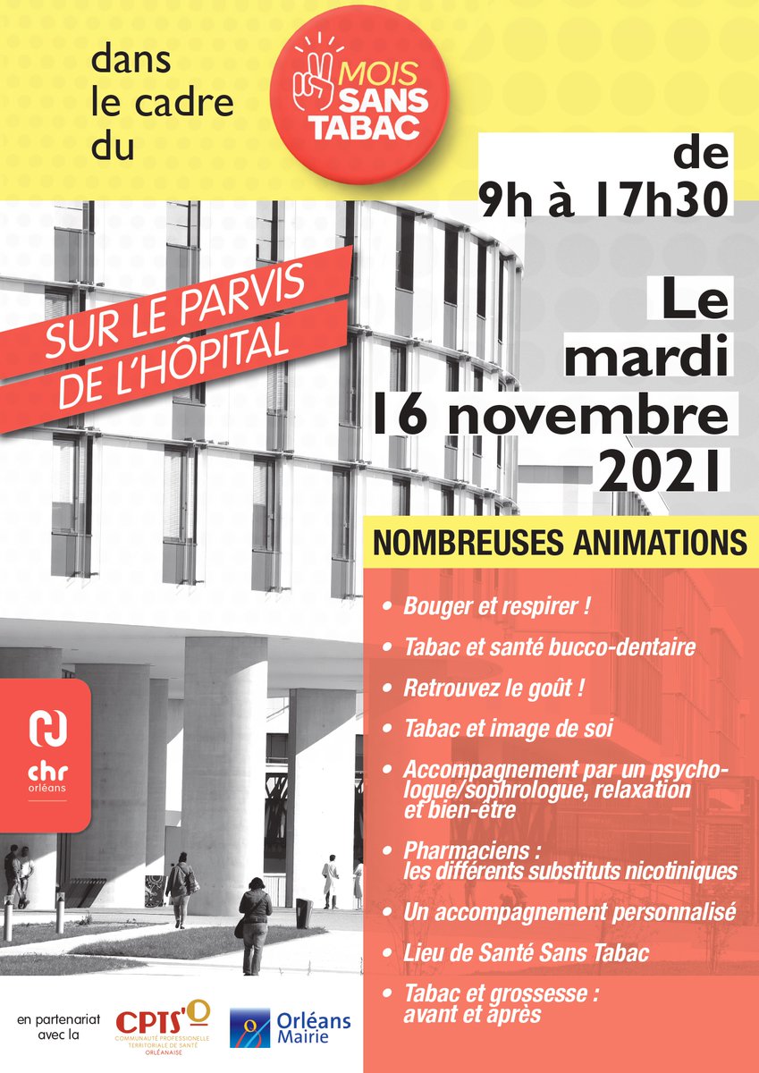 🚬 GRANDE JOURNÉE DE SENSIBILISATION AU SEVRAGE TABAGIQUE LE 16 NOVEMBRE 🚬
Le #moissanstabac continue et à cette occasion, le CHR Orléans vous prépare une journée spéciale en partenariat avec la #CPTS'O !
📆 Mardi 16 novembre 
📍 Parvis de l'hôpital
⏰ De 9h à 17h30
