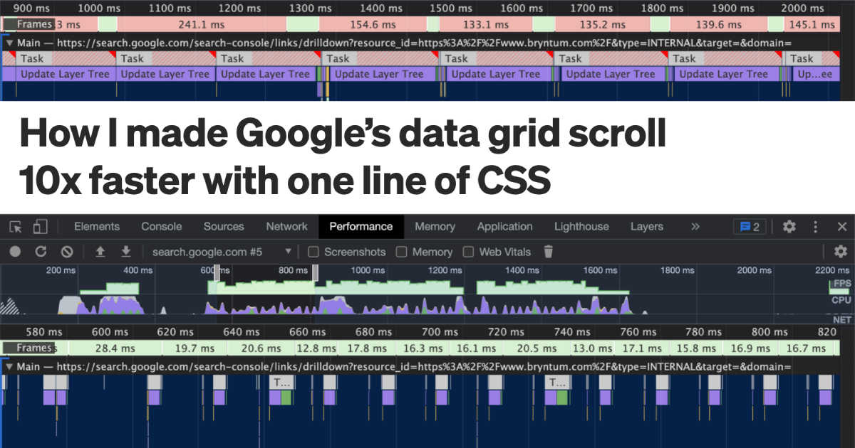 Ускорение скроллинга сложных таблиц одной строчкой CSS. Йохан Исакссон делится примером успешного применения свойства contain в таблицах Google Search Console.

medium.com/p/78cb1e8d9cb1