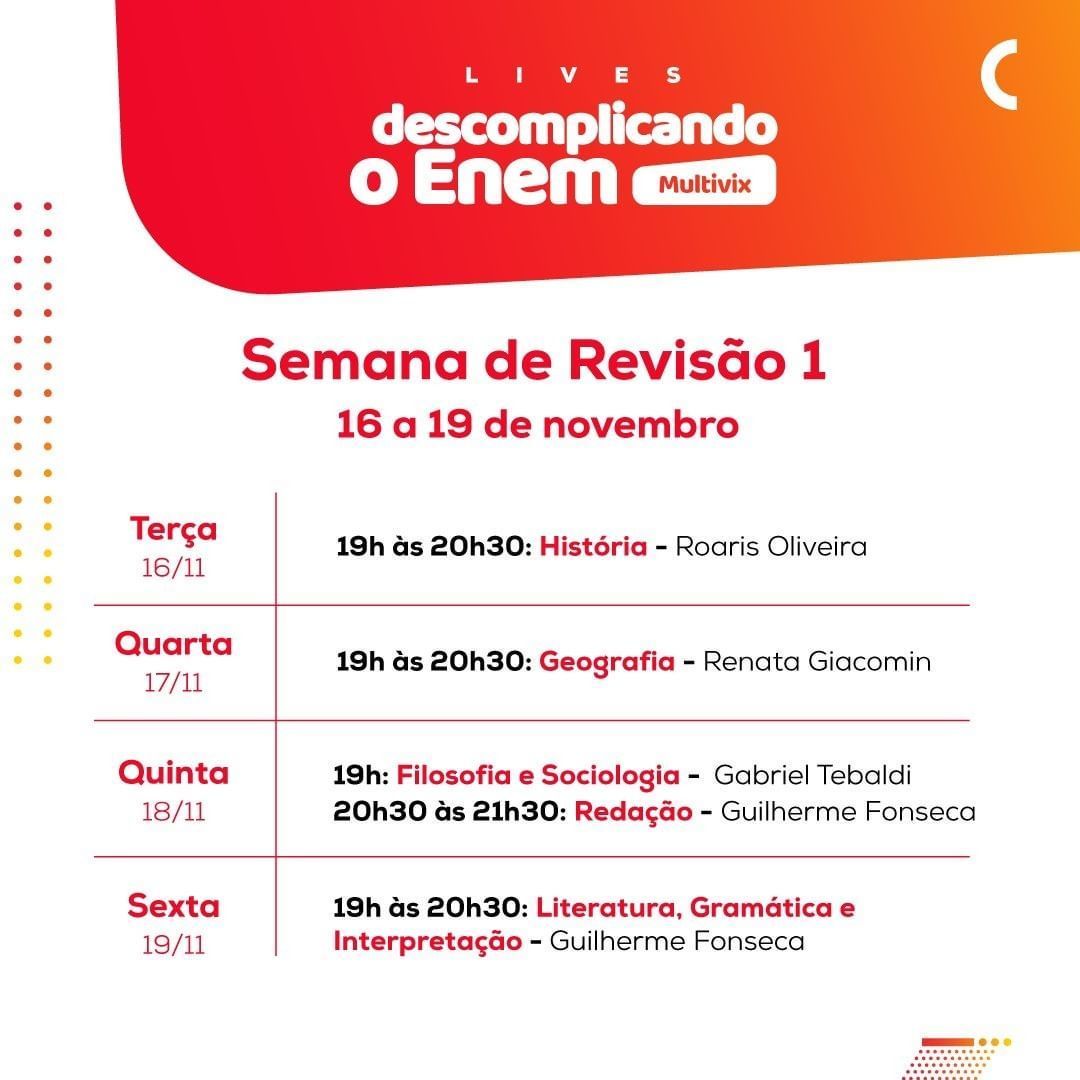 MultivixA's tweet photo. Chegou a hora de descomplicar e revisar a matéria do ENEM! 💡
Durante duas semanas, a partir do dia 16/11, irão acontecer as lives do Descomplicando o ENEM, com transmissão no canal Carreira em Foco. 📚📖
#multivix #mtvx #descomplicandooenem https://t.co/yLeOVlRoKh