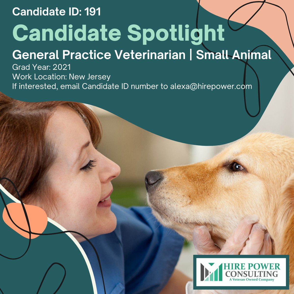 TeamHirePower's tweet photo. Hire Power Consulting is searching for a small animal practice in New Jersey for Candidate 191. If you are looking to add a new #veterinarian to your team, email the Candidate ID number to alexa@hirepower.com.

#hirepower #hirepowercandidates #vetmed #veterinaryjobs https://t.co/F1wJYxrsbk