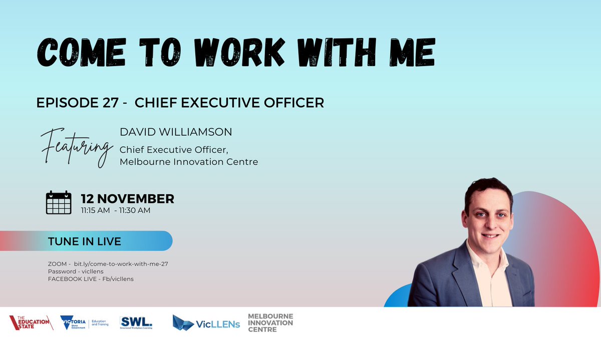 VicLLENs's tweet image. Tomorrow at 11:15am, we’ll be live in conversation with David Williamson, CEO of the Melbourne Innovation Centre. Register: vicllens.org.au/come-to-work-w…