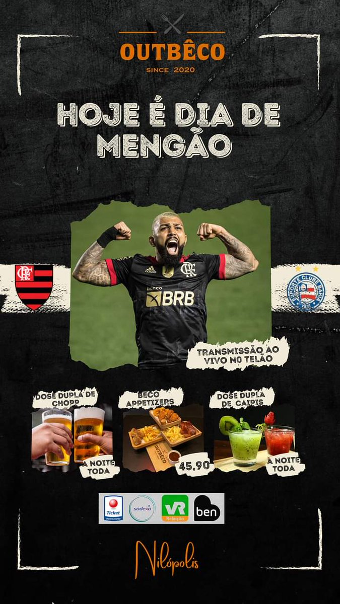 OutbecoN's tweet photo. Fala Galera,

⚽HOJE TEM MENGÃO com DOSE DUPLA.♥️🖤

Abertos á partir das 18:00;

Então chama a galera e partiu Outbêco Nilópolis 

Aceitamos Vale Refeição SODEXO, Ticket Restaurante, Ben Visa Vale e VR

📲 Informações e Delivery: 997573434

 📍Rua Alberto Teixeira da Cunha 1197 https://t.co/eZWDzQTKzd