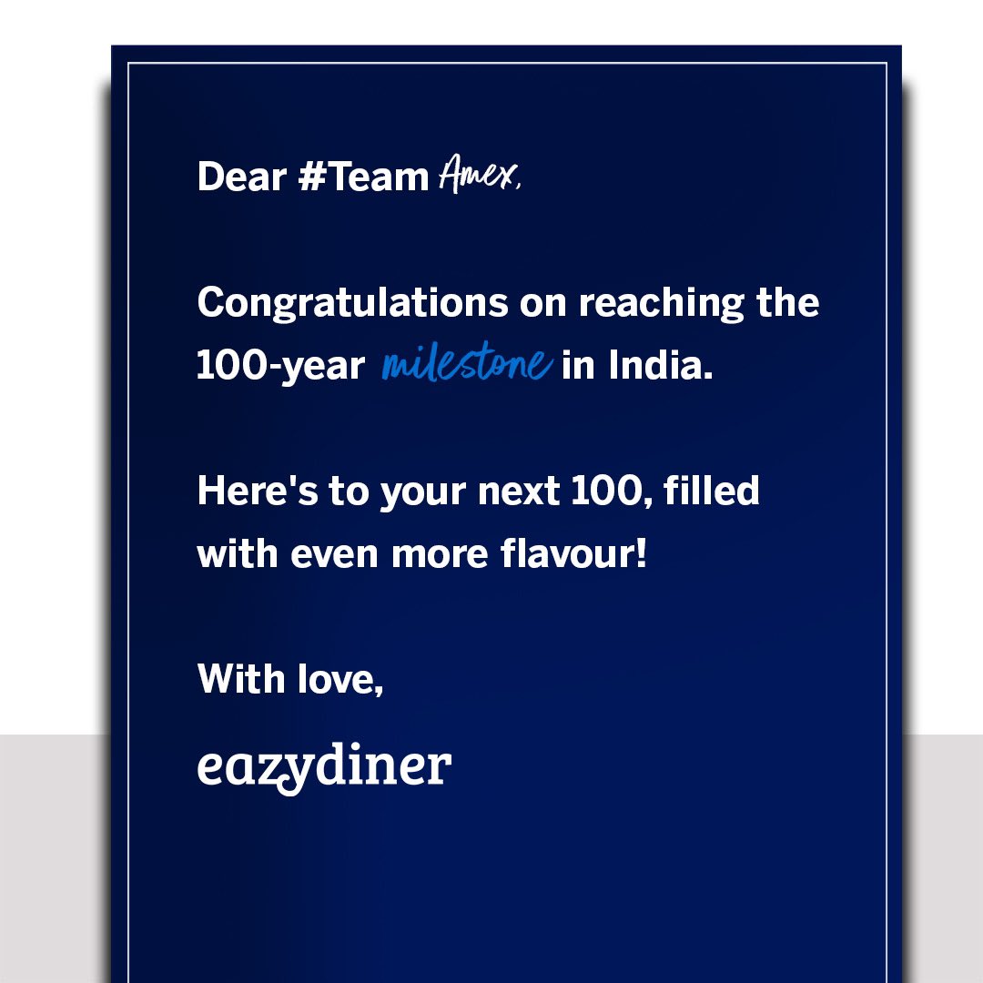eazydiner's tweet photo. Milestones call for some celebration! American Express®️ celebrates 100 years in India and @eazydiner congratulates #TeamAmex on this glorious milestone! 🥳 
Here's to the next 100! @AmexIndia 
#DontMakeHistoryWithoutIt https://t.co/r0nCzUp1KP