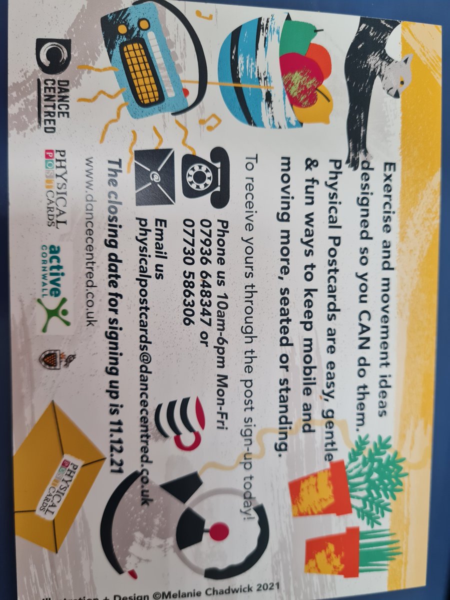 CoveMacmillan's tweet photo. Keep active and healthy this winter with a free New 12 week programme of physical activity postcards from @dancecentred
#physicalpostcards #publichealthcornwall #cancersupport #keepmobile #ExerciseRoutines #freeexerciseroutines #exerciseprogrammes https://t.co/16pxqNEoT8