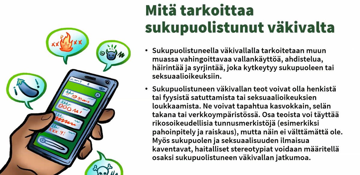 Tänään <a href="/EraseGbv/">EraseGBV</a> seminaarissa Nuoret ja sukupuolistunut väkivalta, jossa juhlistetaan myös juuri <a href="/THLorg/">THL</a> alustalla julkaistua verkkokoulua Sukupuolistuneen väkivallan kohtaaminen kouluissa. Pääset rekisteröitymään/kirjautumaan alustalle maksuttomasti: verkkokoulut.thl.fi/login/index.php