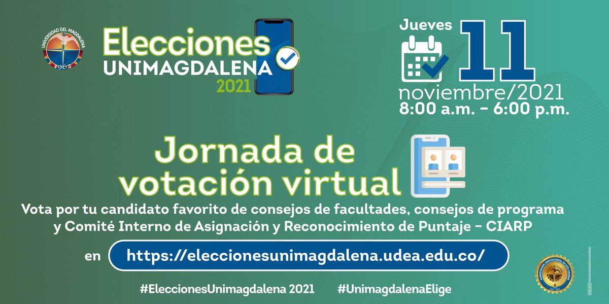 Unimagdalena's tweet photo. ¡Llegó el día de votar! HOY jueves 11 de noviembre se elegirán representantes a Consejos de Facultades, Consejos de Programas y CIARP. Desde las 8 a.m. hasta las 6 p.m. podrás participar 🗳️ a través de: https://t.co/nzpIFWodEE 
 #UnimagdalenaElige  
#EleccionesUnimagdalena2021 https://t.co/FNFAXWBRbt