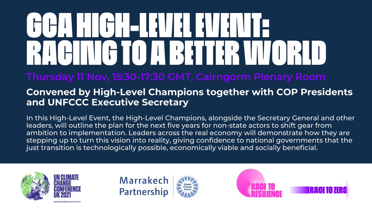 Join <a href="/AlokSharma_RDG/">Rt Hon Lord Alok Sharma</a>, <a href="/NicolaSturgeon/">Nicola Sturgeon</a>, <a href="/MayorofLondon/">Mayor of London, Sadiq Khan</a>, <a href="/antonioguterres/">António Guterres</a>, <a href="/manupulgarvidal/">Manuel Pulgar Vidal</a>, @vanessa_vash &amp; <a href="/hlcchampions/">Climate High-Level Champions</a> on shifting the gear from ambition to implementation.
 
RACING TO A BETTER WORLD, 11 Nov, 15:30 GMT, Plenary Cairn Gorm: bit.ly/3bVSguo #RaceToZero