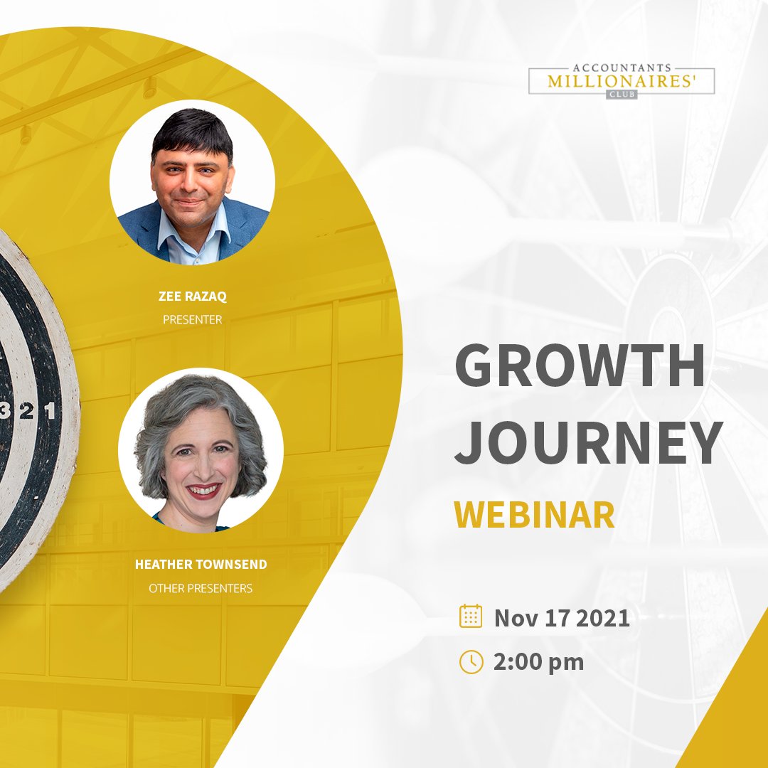 Join us for our new, free to all, 30-minute Growth Journey Webinar Series.

Heather Townsend, and Zee Razaq, will discuss Zee's growth journey as an accountancy firm owner. 

Sign up today!

accountantsmillionaire.club/events/growth-… 

#accountant