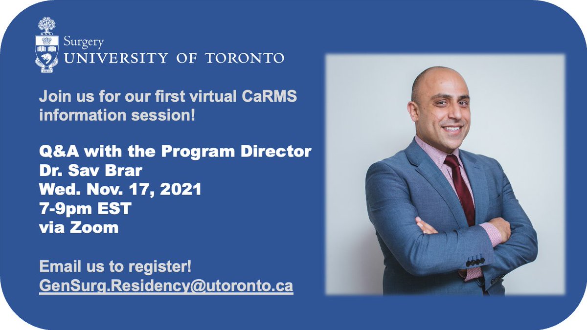 UofT General Surgery (@uoftgsx) on Twitter photo Interested in learning about the General Surgery Training Program at <a href="/UofTSurgery/">U of T Department of Surgery</a> right from the source?!
Come join us on Nov 17 for our FIRST virtual CaRMS info session of 2021 - a Q&A with our PD <a href="/savbrar/">Sav Brar</a>!
Open to all, DM or email us to register (gensurg.residency@utoronto.ca) Interested in learning about the General Surgery Training Program at <a href="/UofTSurgery/">U of T Department of Surgery</a> right from the source?!
Come join us on Nov 17 for our FIRST virtual CaRMS info session of 2021 - a Q&A with our PD <a href="/savbrar/">Sav Brar</a>!
Open to all, DM or email us to register (gensurg.residency@utoronto.ca)