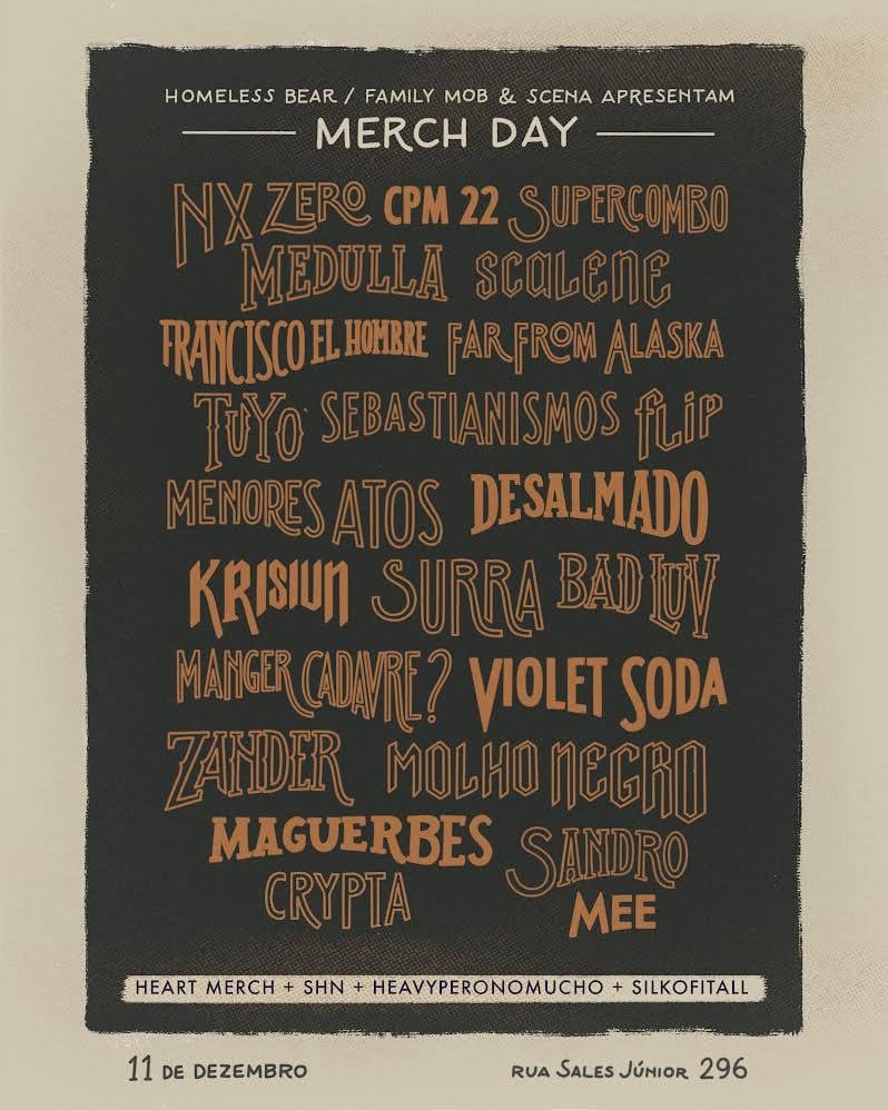 desalmado's tweet photo. Estará em São Paulo no dia 11 de dezembro? Bora  passar no #familymob para o #merchday, feira de material de todas essas bandas no cartaz. Isso mesmo! Vai ter do emo ao death metal, contemplando a todos os gostos. Garanta suas peitas, bonés, CD´s e troque uma ideia com a gente! https://t.co/NUIcGRZdNM