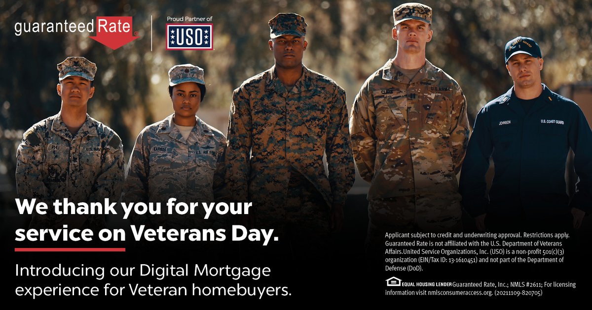 mefisher10's tweet photo. On Veterans Day, we honor our brave men and women serving in the Armed Forces. We also wanted to introduce our Digital Mortgage experience, tailored to the needs of military homebuyers. Lock down your American dream today! https://t.co/vpntM3D5xk https://t.co/smcEw4F9rw