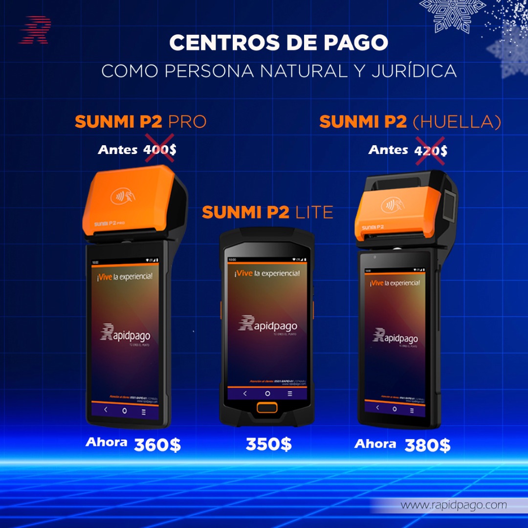 rapidpago's tweet photo. Adquiere nuestros Centros de pago a PRECIOS DE IMPACTO. 

● P2 Lector de huella 380$
● P2 Pro 360$
● P2 Lite 350$ 

Además, si compras el #SUNMI P2 con lector de huella o el P2 Pro, en el mes de noviembre o diciembre, estarás 1 mes libre del costo de nuestro servicio👏📱 https://t.co/xRm4ZXU6C6