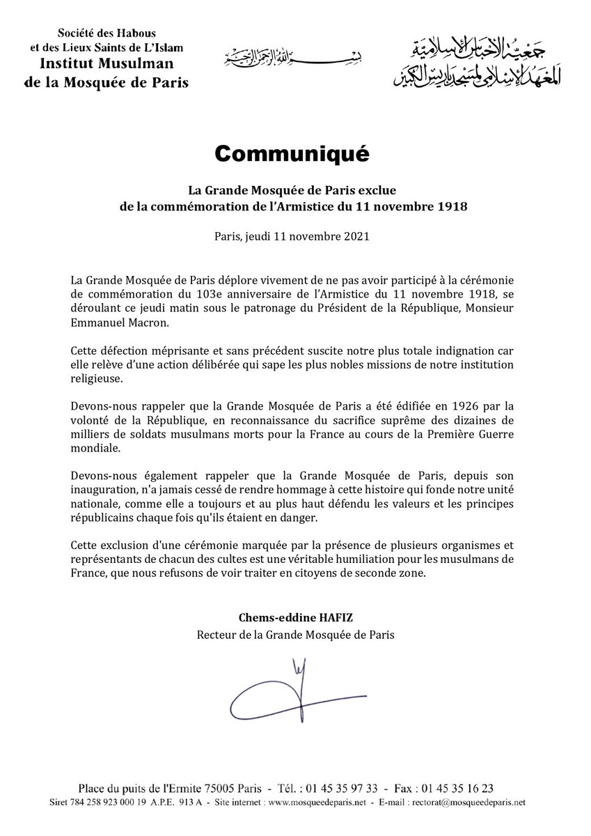 mosqueedeparis's tweet image. COMMUNIQUÉ - La Grande Mosquée de Paris exclue de la cérémonie de commémoration de l’#armistice du #11Novembre : un mépris de l’histoire de notre institution liée à la guerre 1914-18 et une humiliation pour les musulmans de France.