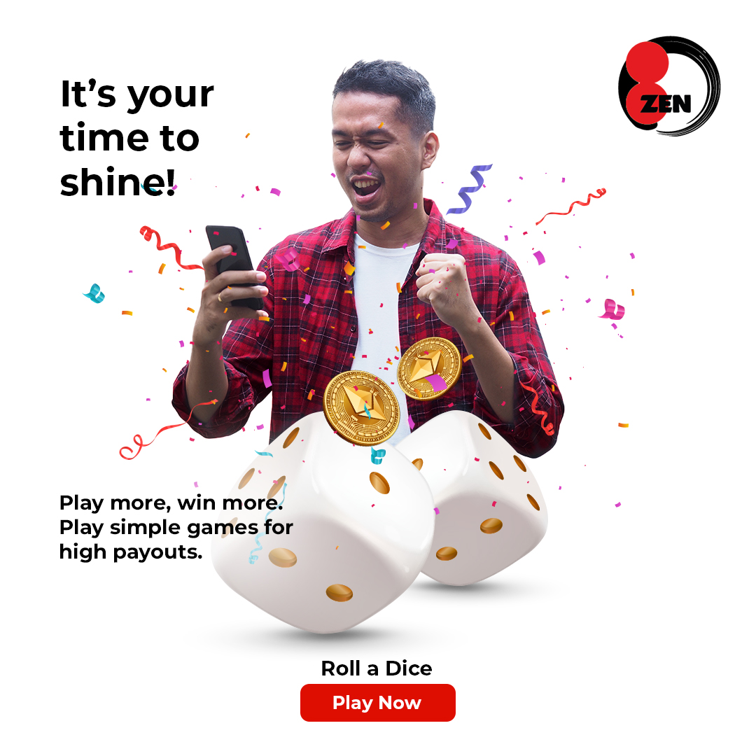 8zen_io's tweet photo. Did you know that rolling dice can get you #crypto? Try Crypto Gambling only at @8zen_io  

#cryptotrading #cryptoGambling #cryptogames #DeFi #dApps #ThursdayMotivation #ETH #ethereum #ThursdayFeeling #Games #WinEther #game #FunandFairGambling https://t.co/N2IhTTbRgS