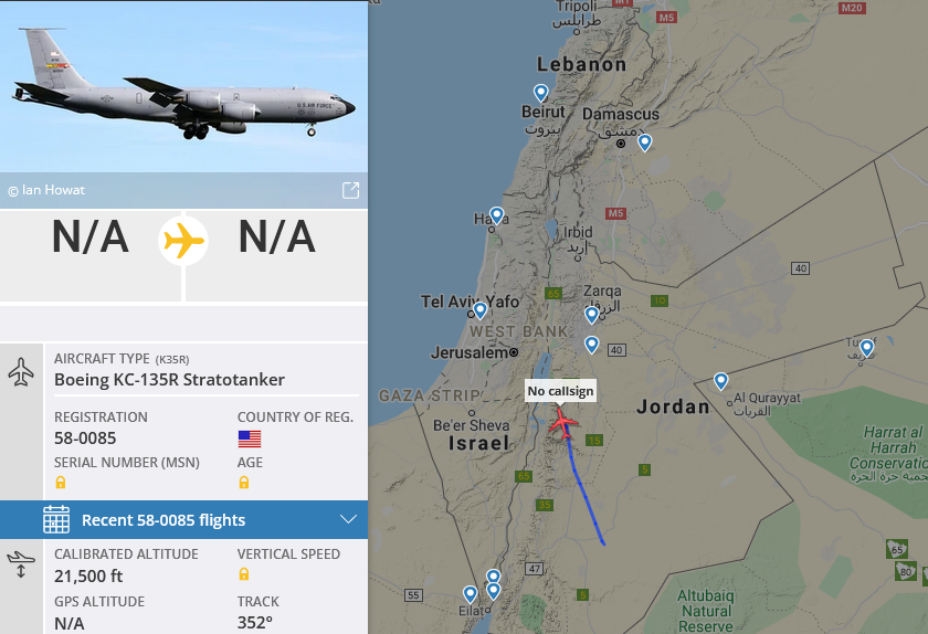 SirListenalot's tweet photo. Did #KC135 #AE035F drag #B1's over Israel at FL215 (1130z)? KC135's #AE04C3 as #LAGR669 (round trip Mildenhall) and #AE05B1 (round trip Moron) are on a 7BW mission. A flight of two (B1's at FL200?) checked in with Nicosia at 1207z. Wait and see what happens... https://t.co/YMDo5wNJ3i