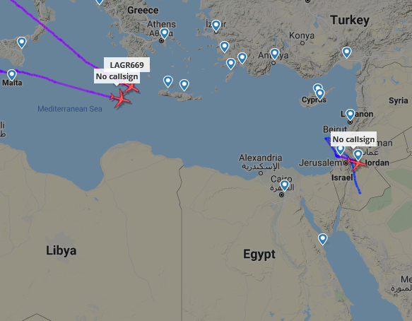 SirListenalot's tweet photo. Did #KC135 #AE035F drag #B1's over Israel at FL215 (1130z)? KC135's #AE04C3 as #LAGR669 (round trip Mildenhall) and #AE05B1 (round trip Moron) are on a 7BW mission. A flight of two (B1's at FL200?) checked in with Nicosia at 1207z. Wait and see what happens... https://t.co/YMDo5wNJ3i
