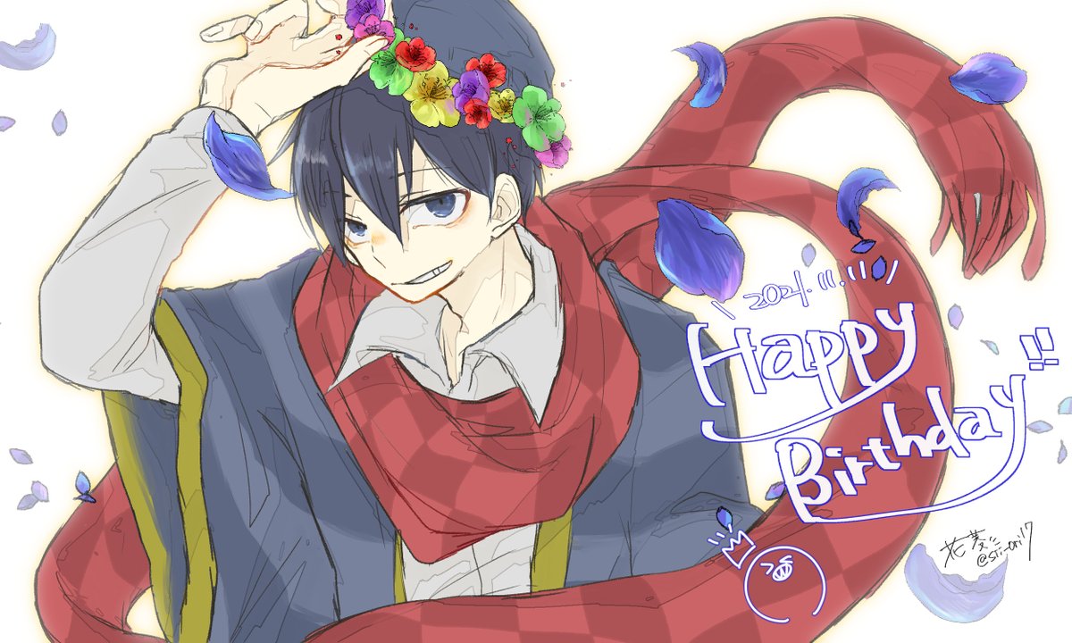1boy scarf male focus happy birthday head wreath dated solo  illustration images