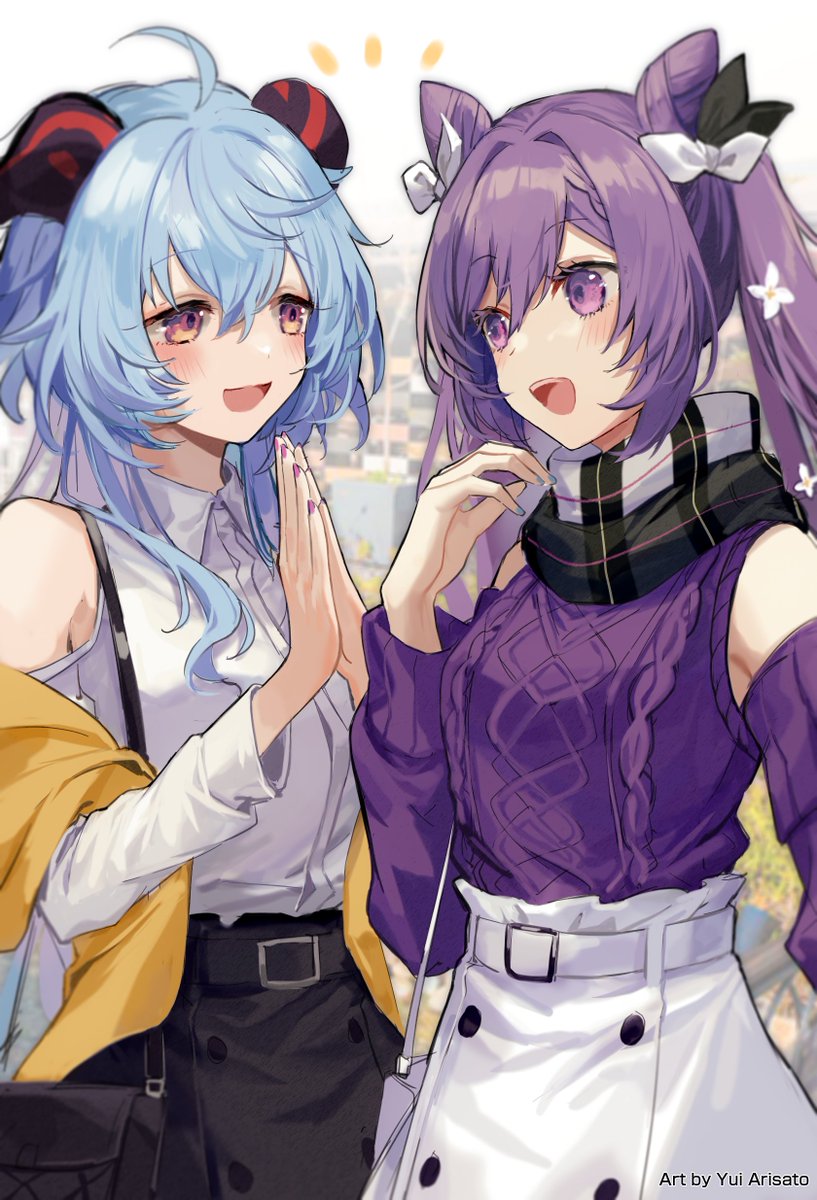 ganyu (genshin impact) ,keqing (genshin impact) multiple girls 2girls purple eyes blue hair scarf horns hair bun  illustration images