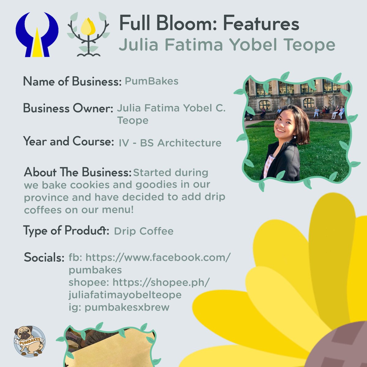 branchout_pugad's tweet photo. PumBakes, a business by Julia Fatima Yobel C. Teope from BS Architecture started back in December 2020. They bake cookies and goodies, and they have added different types of drip coffee in their menu.

Order now through this form!
https://t.co/29mHTArBHE https://t.co/LsUHft0fvL