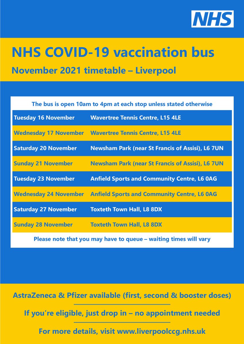 Here's the Covid-19 vaccination bus timetable for November 🙌

It's not too late to have your first, second or booster dose. If you're eligible, come along to one of the stops below and #GrabAJab!

More details about drop-ins 👉 liverpoolccg.nhs.uk/drop-in-vaccin…
