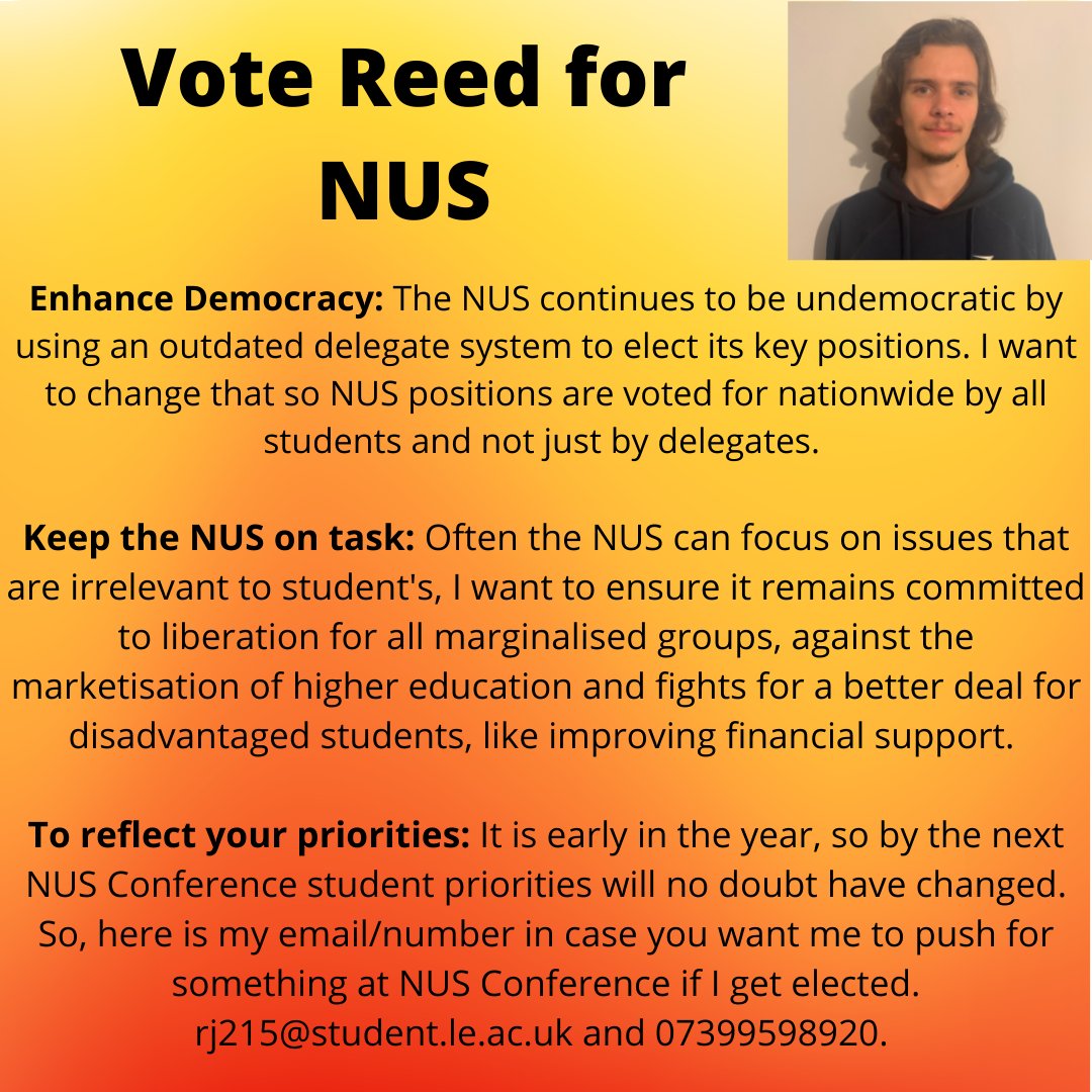 The Labour Societies Executive is happy to endorse @ReedJam81658557 for the position of NUS Delegate based on his manifesto commitments. 

The link to vote is below, make sure you do so before 15:00 this Friday!  leicesterunion.com/voice/democrac…