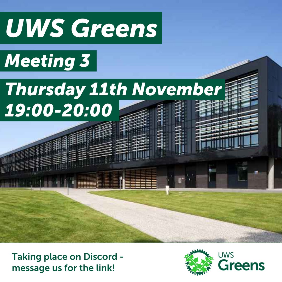 Our next meeting is tonight!

📅 Thursday 11th November 2021
🕕 19:00-20:00
💻 Online - DM us for the meeting link!

New members always welcome! Open to all UWS students with a passion for everything Green! 💚