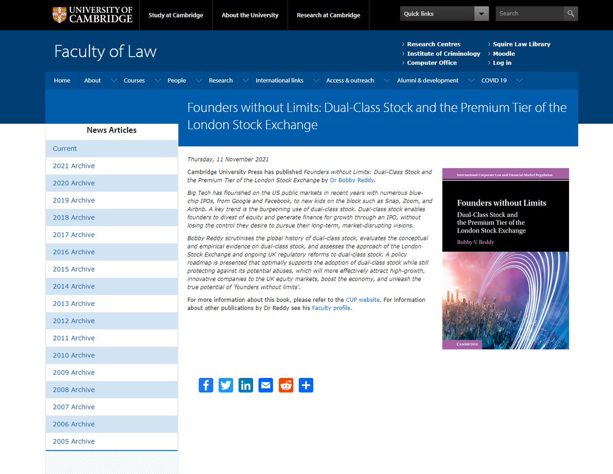 cambridgelaw's tweet photo. Cambridge University Press (@CUP_Law) publish 'Founders without Limits: Dual-Class Stock and the Premium Tier of the London Stock Exchange' by Dr Bobby Reddy: https://t.co/8DNHPlYWIN #CorporateLaw #DualClassStock #IPO https://t.co/brt9IxhjDL