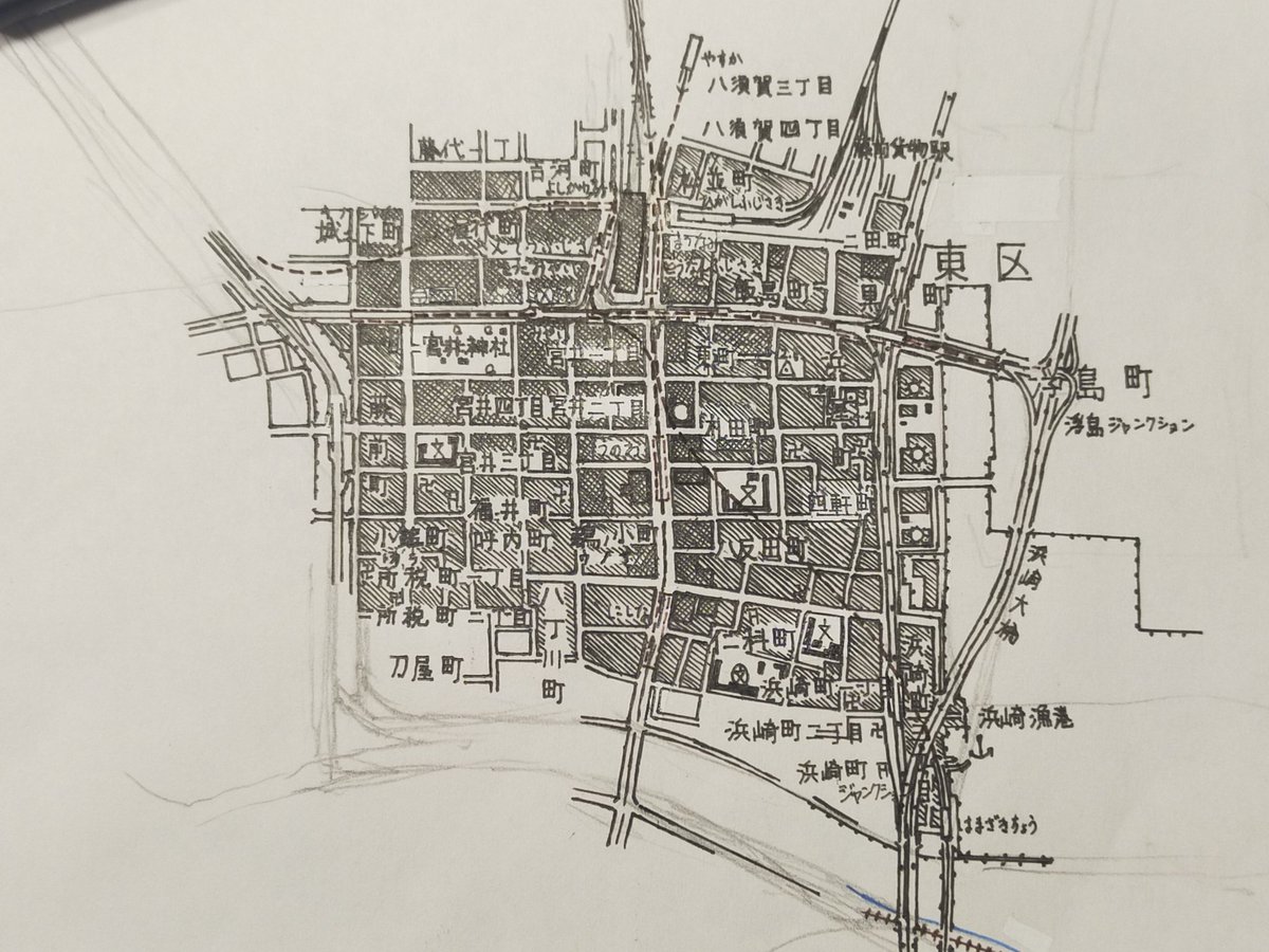 本日から新たに制作を始めた2万5000分1「藤前(仮)」。六州帝国第3の都市藤前を描いていきます(高校時代に描いていた藤前からだいぶ設定を変えてます)。 #空想地図 #架空地図 #藤前市 