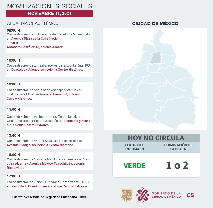 C5_CDMX's tweet photo. ⚠️📢Te compartimos las movilizaciones sociales previstas para este día en la CDMX. 

#MovilidadCDMX 
#C5 https://t.co/jTj5fyNE3x