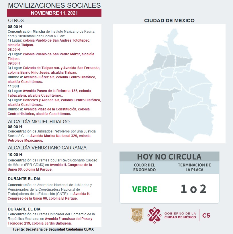 C5_CDMX's tweet photo. ⚠️📢Te compartimos las movilizaciones sociales previstas para este día en la CDMX. 

#MovilidadCDMX 
#C5 https://t.co/jTj5fyNE3x
