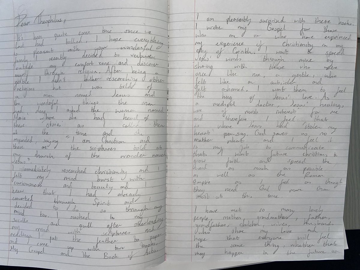 MrDunlopRE's tweet photo. Some short creative writing pieces from S2. They were writing a letter from the perspective of Luke the Evangelist. They show an understanding of the genre, setting and intended audience of Luke’s Gospel. This is a key book from our New Testament #LiteracyAcrossLearning 📚 https://t.co/LM5gJUnvgp