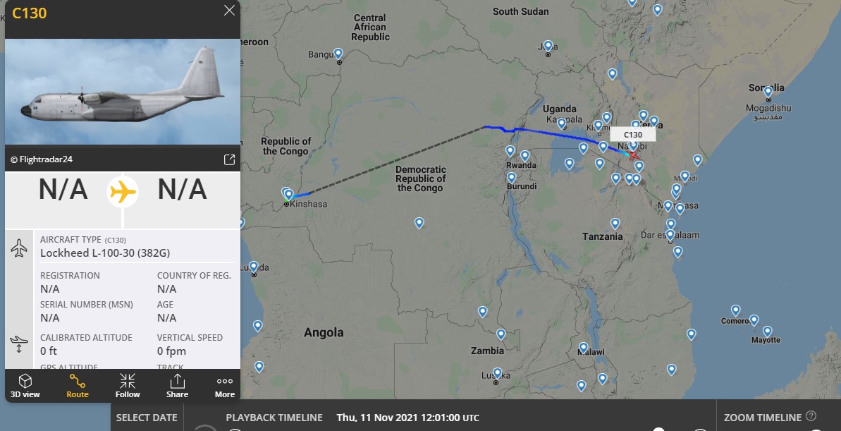 Laurent_Le_Bloa's tweet photo. Unidentified "civilian" C130 from #Brazaville #Congo to #Nairobi #Kenya.
Not seen on ADSB but it could be #CIA linked #N3755P that was wandering in Western Africa recently. https://t.co/3pmjWmCCMY
