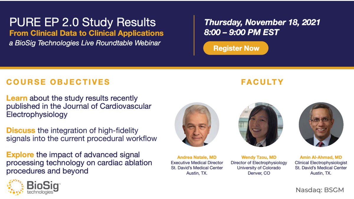 BioSig_Tech's tweet photo. Mark Your Calendars - November 18 at 8 PM ET.

PURE EP 2.0 Study Results From Clinical Data to Clinical Applications a BioSig Technologies Live Roundtable Webinar.

Register here: https://t.co/sQRpXDK5KW $BSGM #Epeeps #Afib #MedTech https://t.co/xFC6TFsHpk