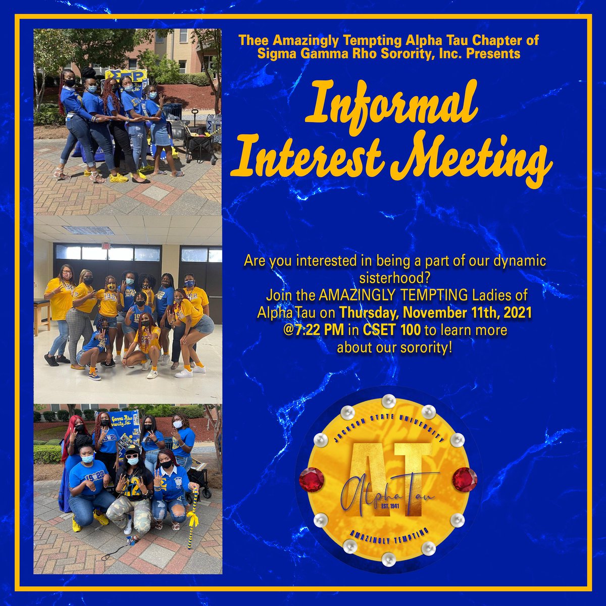 AT_SGRhos's tweet photo. Are you interested in being a part of the AMAZINGLY TEMPTING sisterhood? Join Alpha Tau TONIGHT at 7:22 PM in CSET 100 as we tell you more about our organization! THE ATTIRE IS BUSINESS PROFESSIONAL. We can’t wait to see you! 🐩💛💙
#SGRho #sigmagammarho #prettypoodles #ATAT https://t.co/UAV9zcLFay