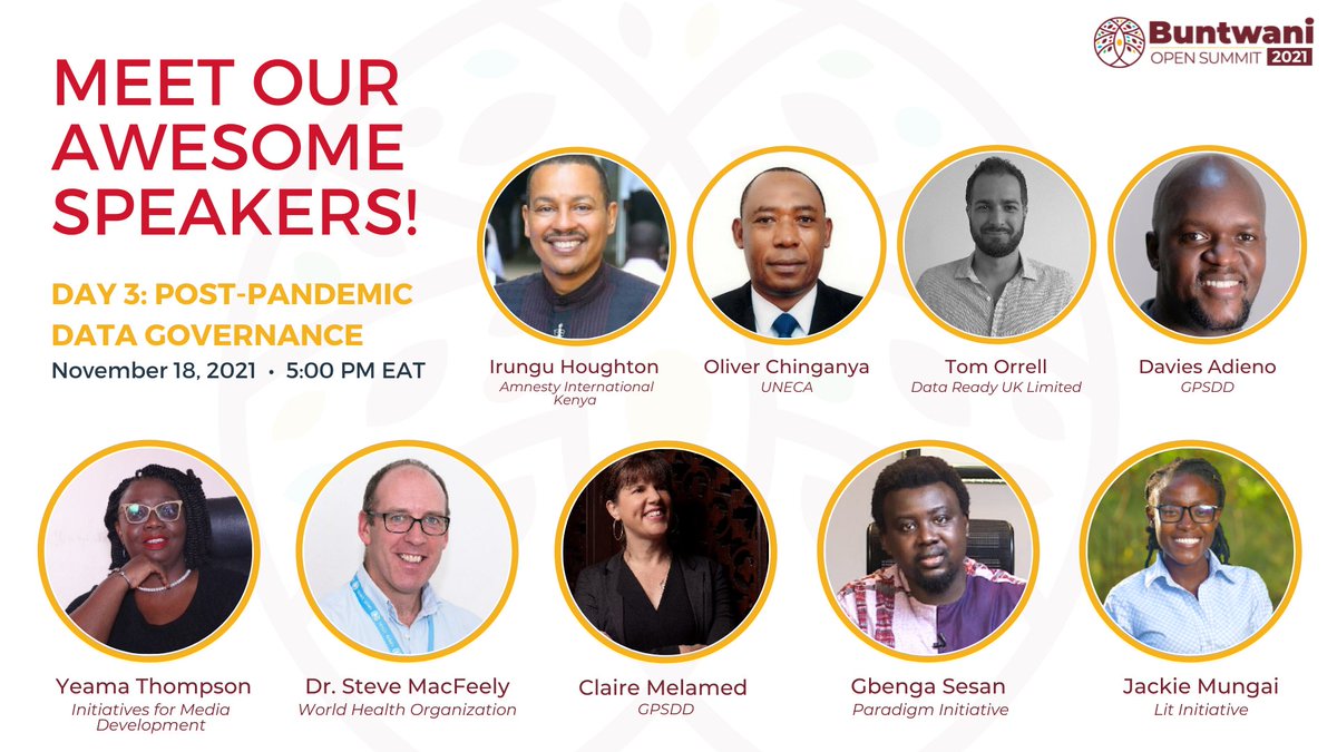 Buntwani's tweet photo. Meet #Buntwani2021 Day 3 speakers, our largest panel yet! Come on, you really don't wanna miss this! Register: https://t.co/LbFTTgRt1P
#datagovernance

@irunguhoughton @DavisAdieno @clairemelamed @gbengasesan @TomOrrell86 @OliverChinganya @Jackiemungai_ @yankytango @SteveMacfeely https://t.co/tOXxY5YO6l