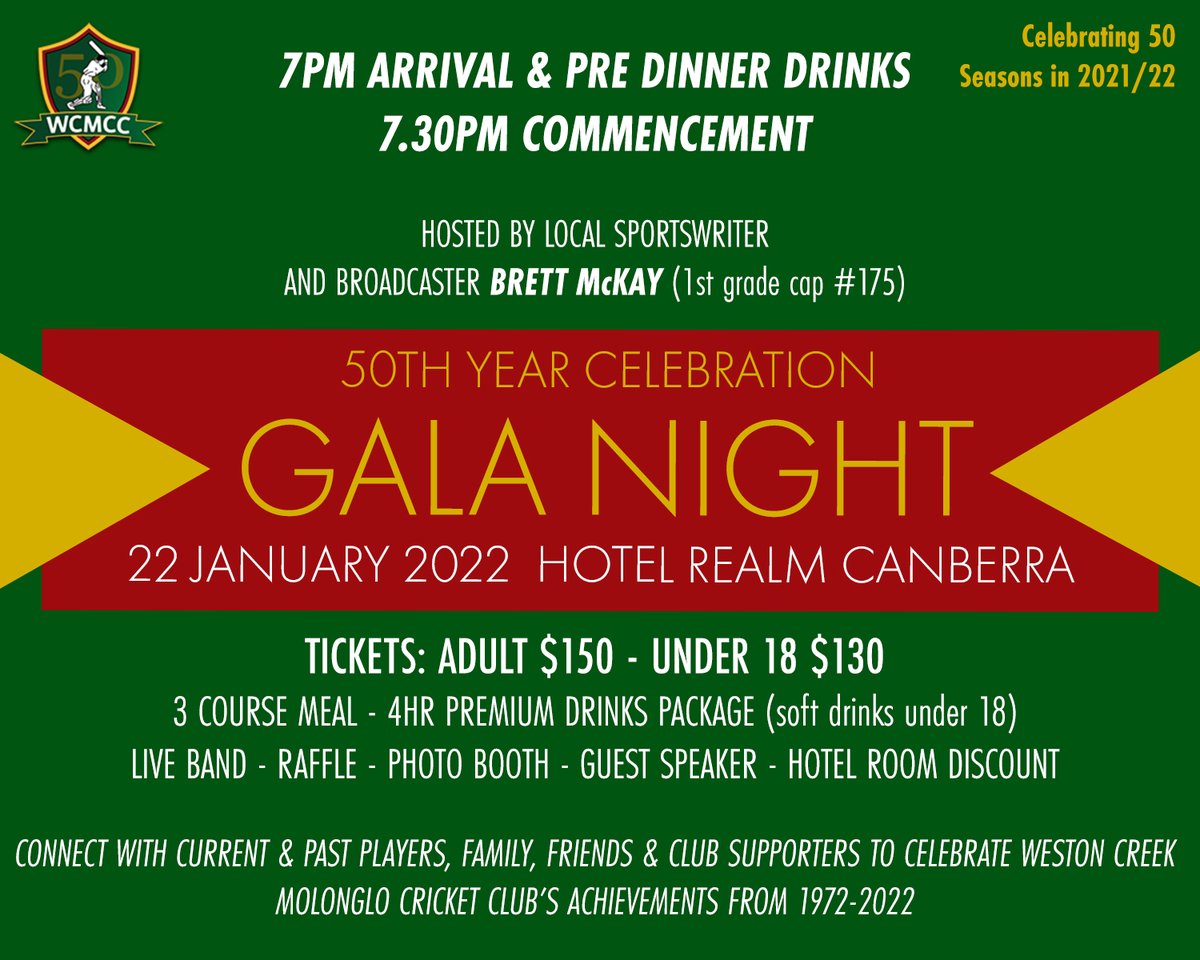 Book now for our 50th anniversary Gala Dinner 

Hosted by former Creeker <a href="/BMcSport/">Brett McKay</a>, come and celebrate our achievements with current and past players, family, friends and supporters.

More details at wcmcc.org.au 

#GoodToBeGreen
#WCMCC50
