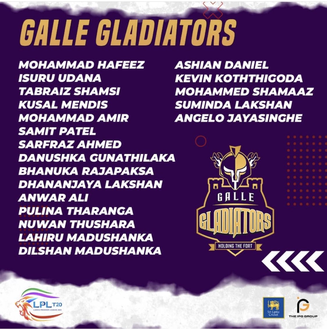 LPLT20's tweet photo. Galle Gladiators squad - Lanka Premier League 2021 @OfficialSLC @ipg_productions #LPL2021 #Cricket #lpl https://t.co/LSDxVfhmzX