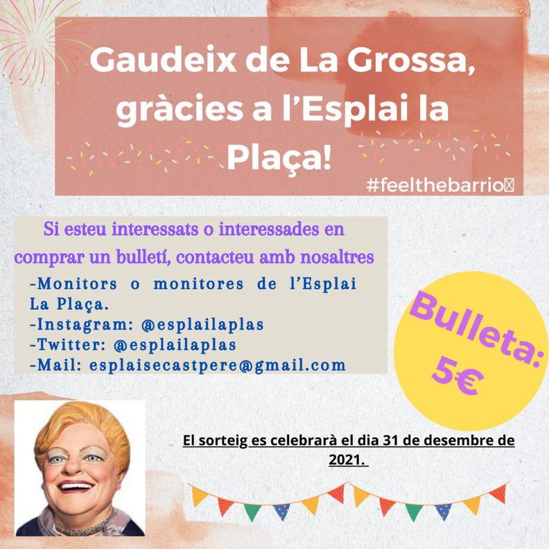 esplailaplas's tweet photo. Aquest any pots gaudir de La Grossa gràcies a l'Esplai la Plaça!
Si esteu interessats o interessades en participar contacteu amb nosaltres per comprar bulletes.
Podeu fer-ho dirigint-vos als monitors i monitores de l'Esplai, per Instagram i Twitter🤩🤩 #feelthebarrio https://t.co/fCrH23ZslV