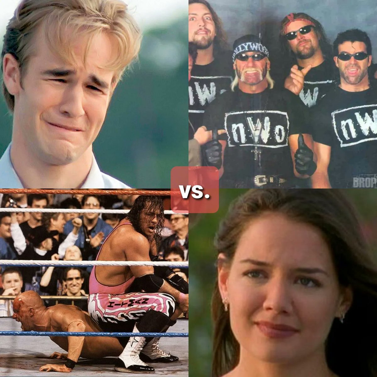 Lessthan2000's tweet photo. This Week’s Matchup: 90’s Wrestling versus Dawson’s Creek!  Who's side are you on? Team Wrasslin' or Team Creek?  
#wwf #wwe #wcw #stonecold #brethart #nwo #90swrestling  #jamesvanderbeek #katieholmes #dawsonscreek https://t.co/qkPvj35lGl