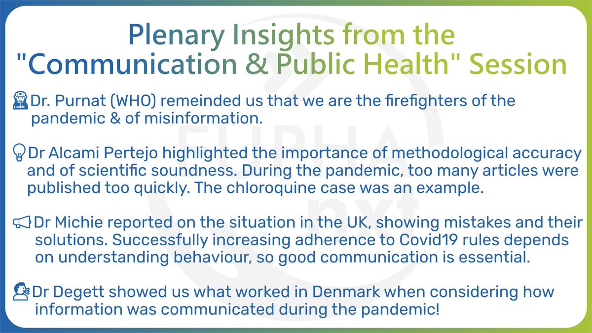 EUPHAnxt's tweet photo. The #EPH2021 plenary about “Communication and public health” was dedicated to an emerging topic that was crucial during the pandemic.
Dr. Nagyova and Dr. Bogaert moderated this session where speakers from all over Europe reported their observations. #EPHFellow #EUPHAatEPH2021 https://t.co/sHyTn4zLb0