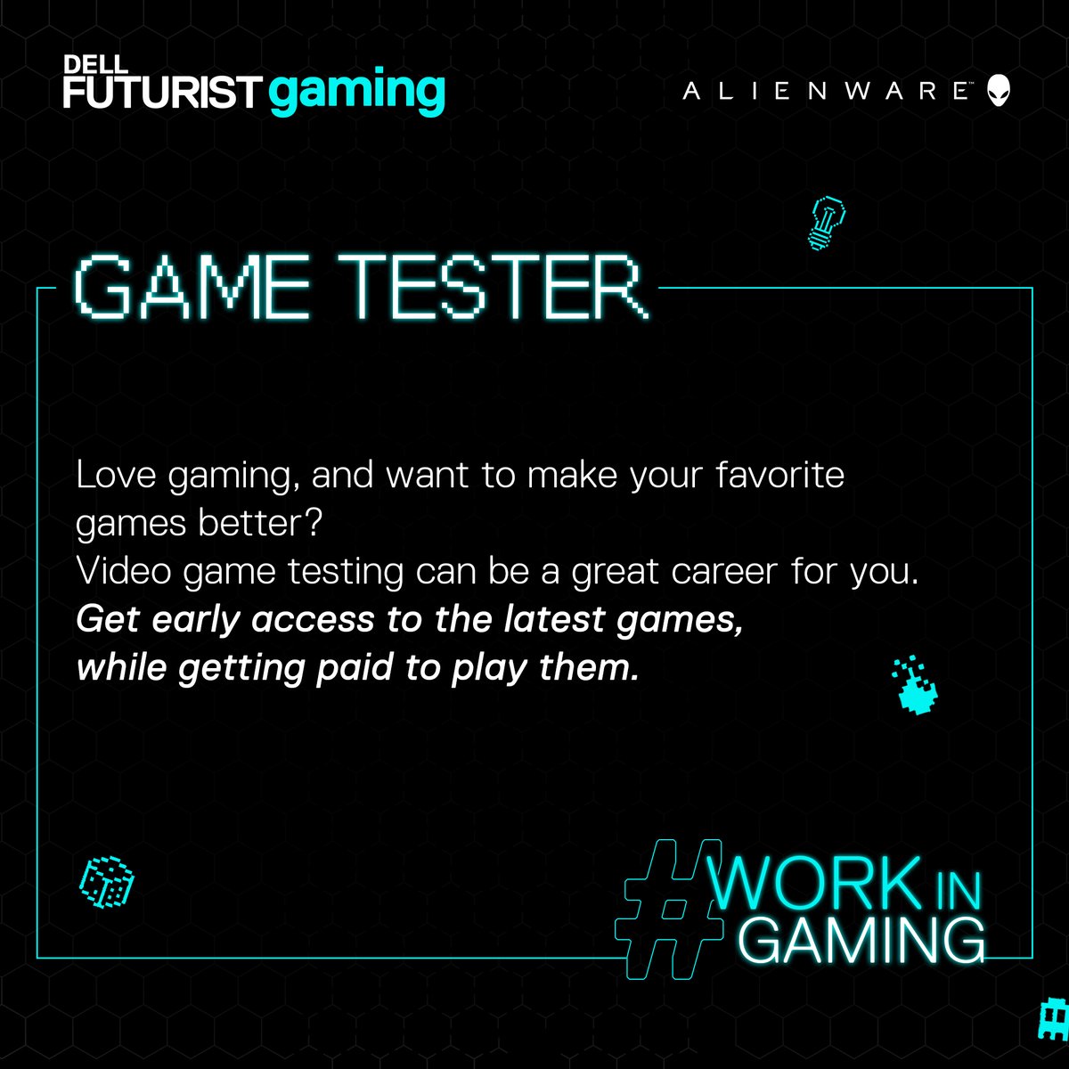 Dell_IN's tweet photo. The gaming industry is fun, but to make a career here, you’ve got to play to your strengths. If you’re shy, then you could give game testing a try! #WorkInGaming
#DellFuturist #Gaming #TeamLiquid #Gamers #Technology #PCGamers #PCGaming #DellGaming #DellFuturistGaming https://t.co/vc3bQ4C2QA