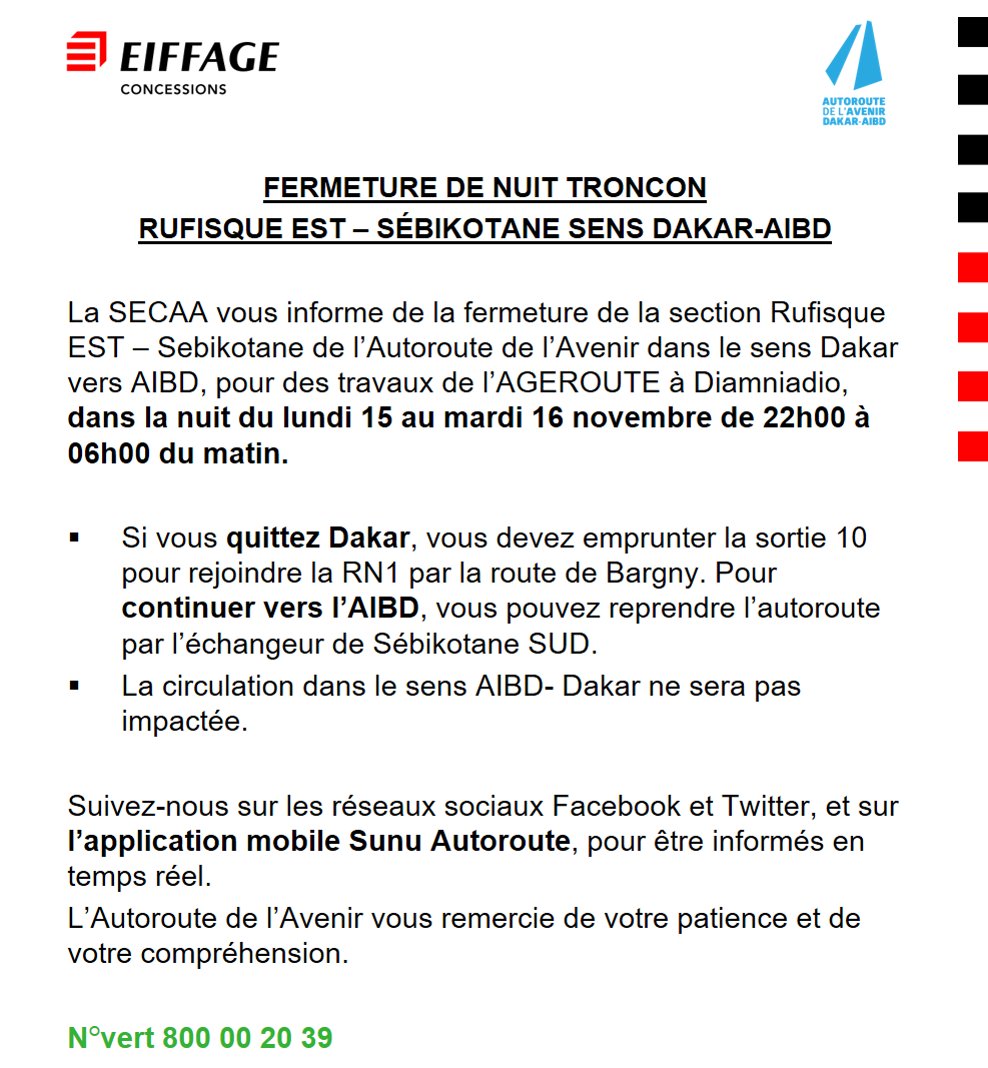 autorouteavenir's tweet photo. Chers clients,  nous vous informons de la fermeture pour travaux de la Section Rufisque Est - Sébikotane de l'Autoroute de l'avenir 🛣️dans le sens Dakar/AIBD ✈️pour les travaux de l'AGEROUTE à Diamniadio.   #autoroutedelavenir #aibd #traficautoroute #alertetrafic https://t.co/sLmWGzr8U4