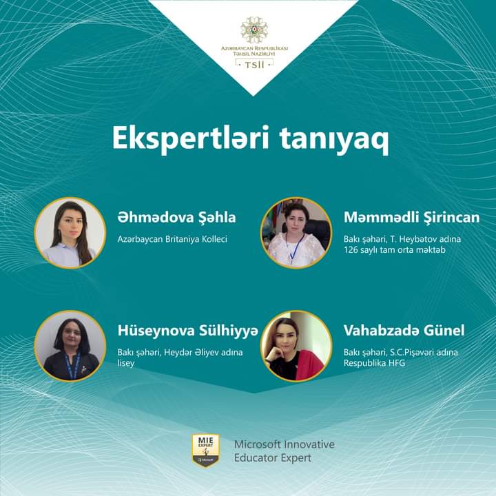 gimnaziyas's tweet image. “MIE Expert” adına layiq görülən Təmayül Fənləri üzrə direktor müavinimiz @GunelVahabzad əyə uğurlar arzu edirik!
"MIE Expert" proqramı təhsilin transformasiyası üzrə texnologiyalardan istifadə edən dünyanın qabaqcıl müəllimlərini bir arada toplayır.
@tehsilgovaz #EduAz #TSİİ