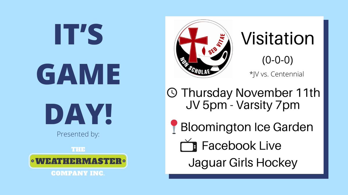 Jaggirlshockey's tweet image. 🐆It’s GAME DAY by Weathermaster🐆
The Jags open up the season tonight!  
     JV vs Centennial &amp;amp; V vs Visitation 

📍 BIG
🆚 JV @centgirlshockey
🆚 V  Visitation 
🕰 JV 5:00pm / Varsity 7:00p
🖥 Facebook Live Jaguar Girls Hockey