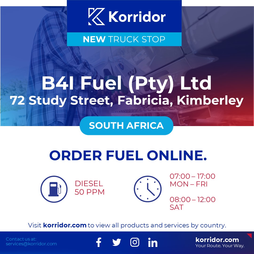 Order Fuel online with Korridor at B4I Fuel (Pty) Ltd, 72 Study Street, Fabricia, Kimberley, South Africa.
#Technology #Logistics #Transport #Transportation #Freight #FleetManagement