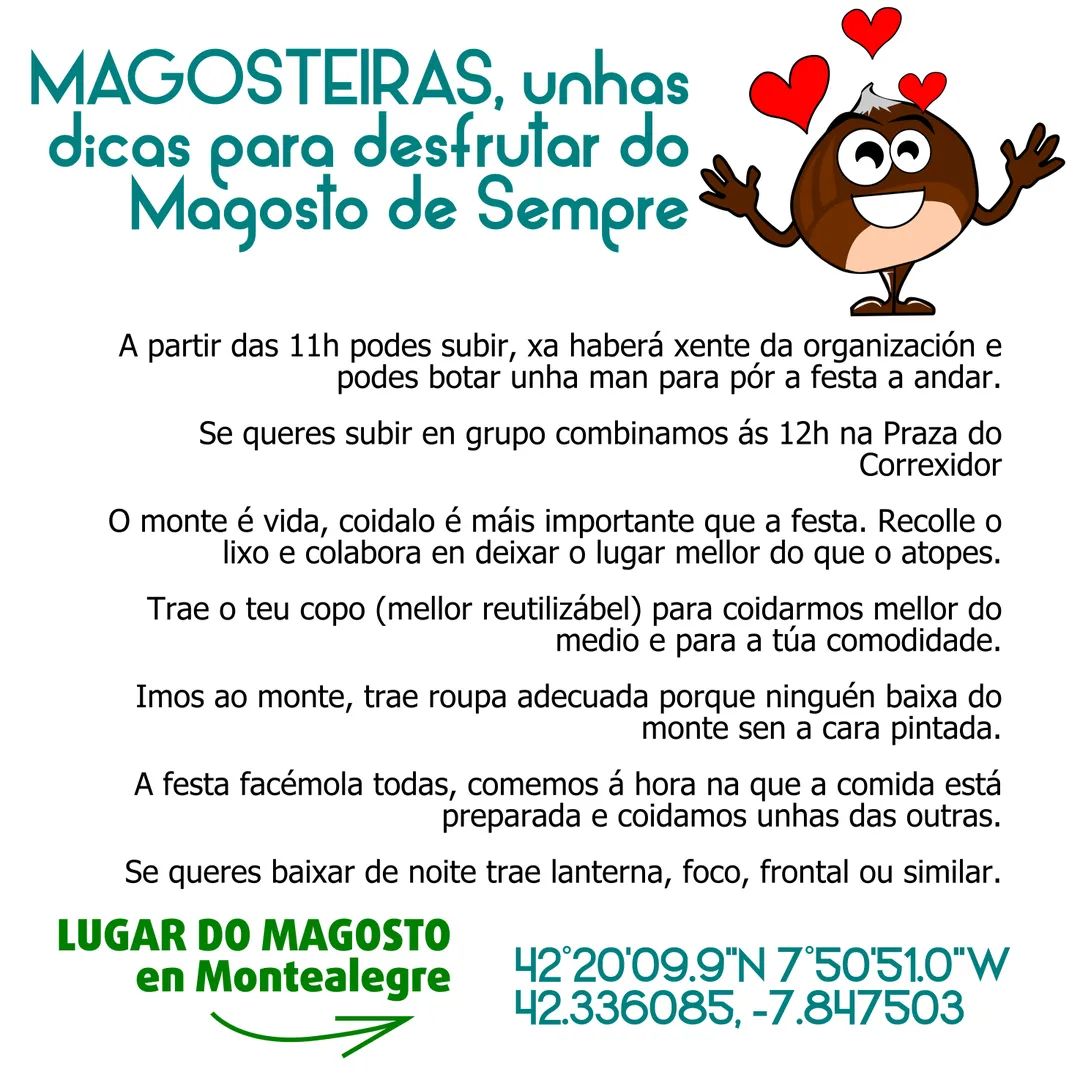 Viva o Magosto de Sempre!!! Xa case estamos xente! E para que a festa sexa festa unhas dicas dende a organización: 

#Magosto #Magosto2021 #MagostoDeSempre