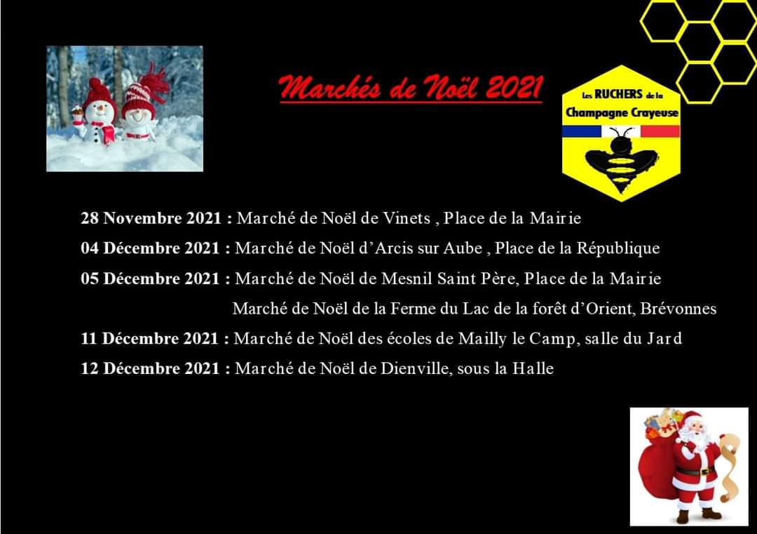 MieldeChampagne's tweet photo. Les fêtes de fin d'année arrivent à grand pas, les marchés de Noël se programment ! 
#miel
#mieldelachampagnecrayeuse #mieldelaube #noel2021 #vinets #ArcisSurAube #brevonnes #mesnilsaintpère  #maillylecamp #Dienville #aube https://t.co/hiyBCVOKBp